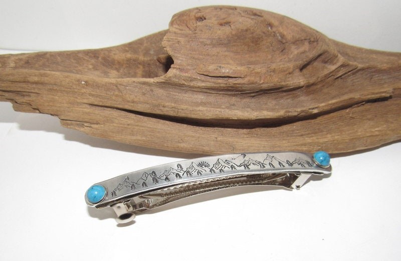 Boho-Chic Hand-Stamped Hair Accessory with a Western Flair , southwestern style hair clip ,Mountain country turquoise horse lover gift, view 3