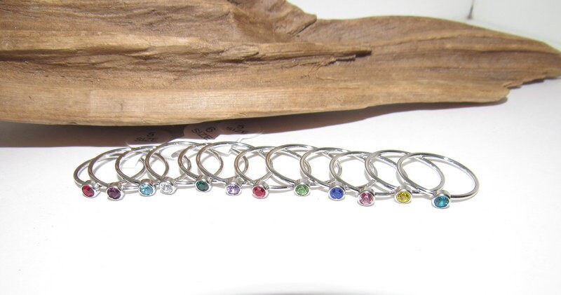 Kids birth stone ring, skinny stacking rings , personalized birth month ring, birthstone stacking ring, view 7
