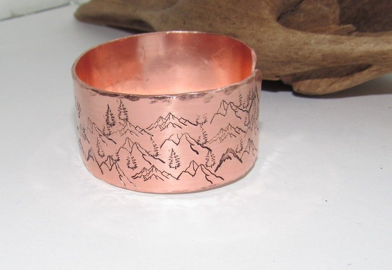 I will lift up my eyes, Wide copper Mountain bracelet with trees, adjustable copper cuff, stamped copper cuff bracelet,, view 4