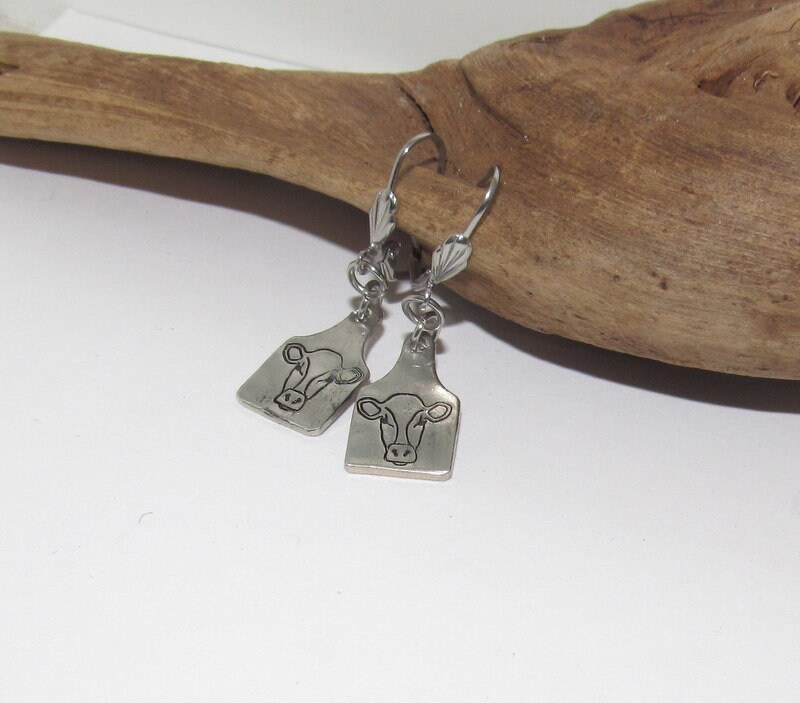 cow earrings, dangle drop earrings, farm animal jewelry , farm life jewelry , personalized earrings , stamped jewelry, bff cow lover gift, view 2