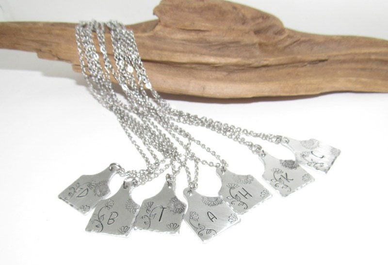 Sterling silver Personalized Initial Cow tag necklace for her, horse lover gift, western jewelry for her, pendant necklace, view 2