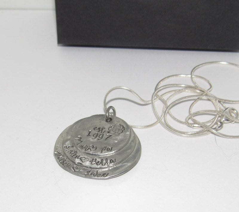 3 layer pewter mothers necklace with kids names, grandmothers necklace , custom hand stamped jewelry , personalized jewelry, view 5