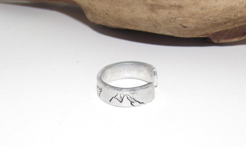Western theme Personalized Adjustable stamped ring, inspiration rings, adjustable silver ring, stamped jewelry, boho mountain ring, view 3