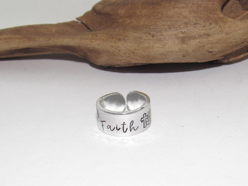 Sterling silver faith thumb Ring, stamped cross ring, Personalized Hand Stamped Ring, Forest Hand Stamped Ring