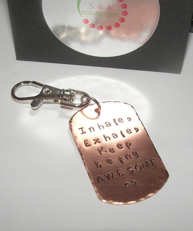 Ready to ship, inhale exhale keep being awesome , key ring, handstamped jewelry, gift for dad, gift for him, gifts for her,, view 2