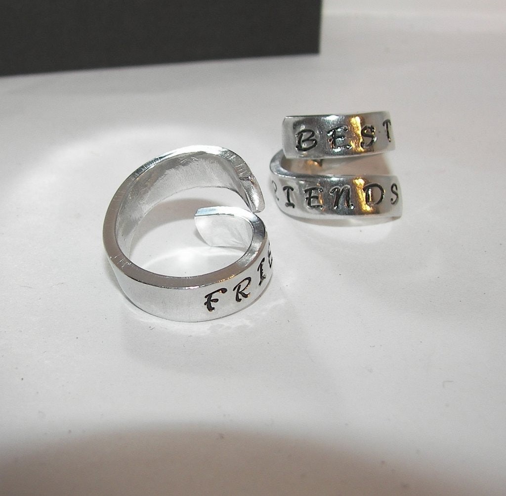 Best friends pewter rings, wrap ring, stamped girlfriend rings, going away gift for friend, stocking stuffer gifts, gifts for sisters, view 4