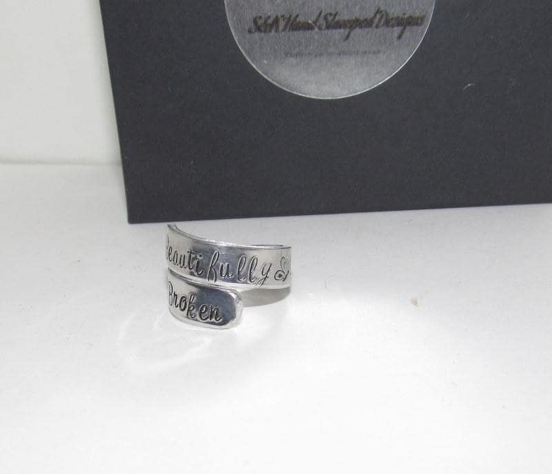 Beautifully broken daily inspiration rings, Silver wrap ring hand stamped jewelry , custom personalized rings,, view 5