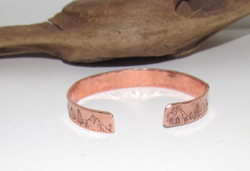 Mountain bracelet with trees, adjustable copper cuff, stamped jewelry, stamped copper bracelet,, view 5
