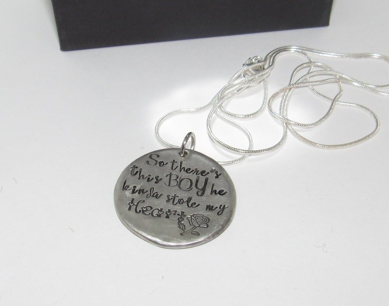 SoThere's This Boy Who Stole My Heart, pewter mom necklace with kids names, Personalized custom hand stamped jewelry gift for grandma, view 4