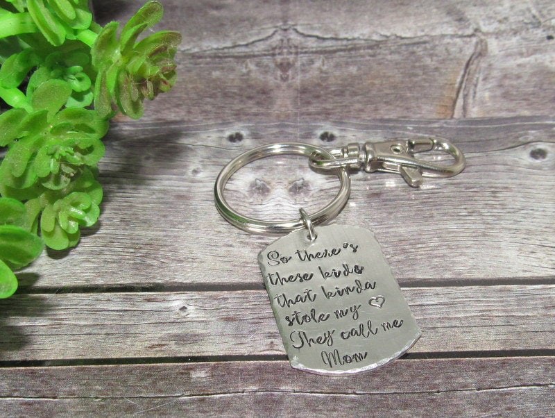 Pewter So there's these kids that stole my heart they call or dad, Key ring with kids names, custom personalized hand stamped jewelry, view 3