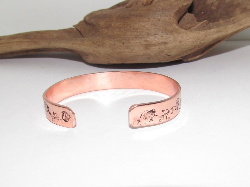 ready to ship copper humming bird bracelet, stamped jewelry, personalized gifts for brides maids, nature flower jewelry, view 5