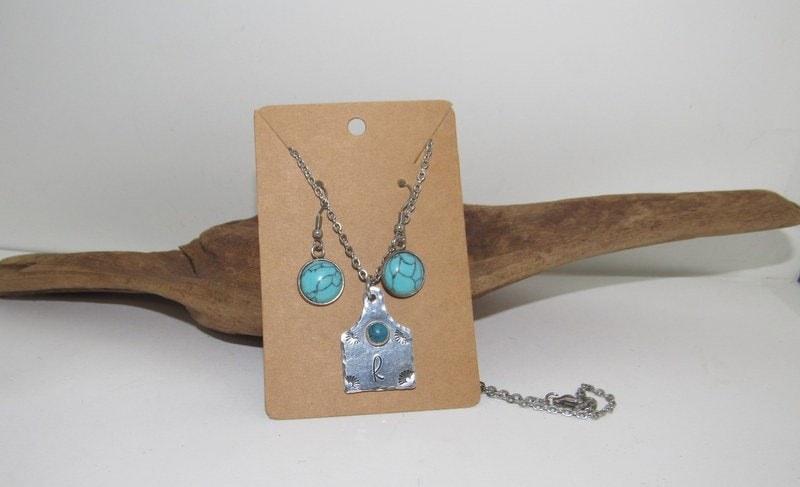 Initial necklace and earring set , personalized necklace pendant, Boho western theme necklace, western jewelry for her, pendant necklace, view 5