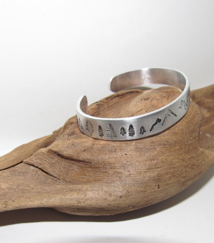 Mountain cuff, tree cuff bracelet, mountain lover gift, adjustable silver cuff, stamped jewelry, stamped cuff bracelet, view 6