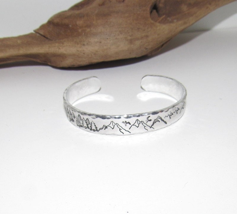 Mountain and tree theme stamped cuff bracelet, mountain lover gift, adjustable silver cuff, stamped jewelry, view 2