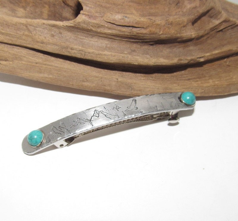 Boho-Chic Hand-Stamped Hair Accessory with a Western Flair , southwestern style hair clip ,Mountain country turquoise horse lover gift