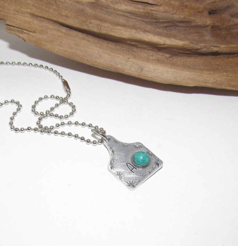 Personalized Initial Cow tag necklace with faux turquoise for her, horse lover gift, western jewelry for her, pendant necklace, view 6