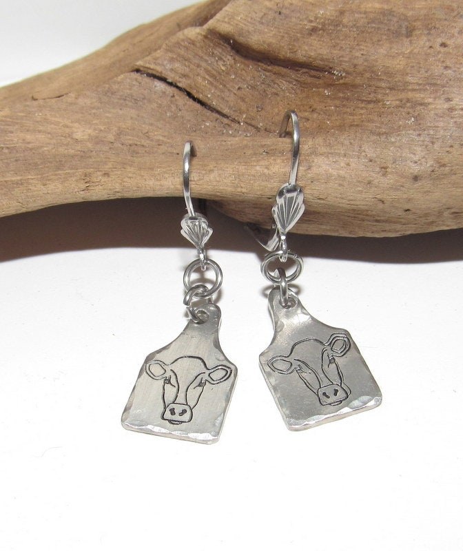 cow earrings, dangle drop earrings, farm animal jewelry , farm life jewelry , personalized earrings , stamped jewelry, bff cow lover gift