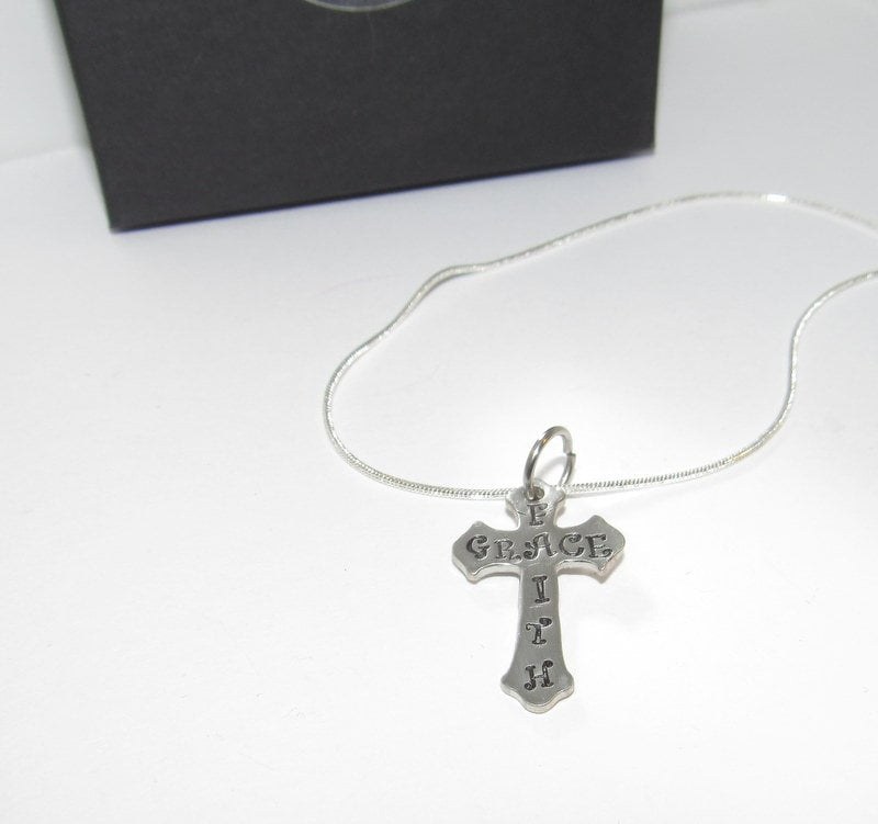 personalized Faith cross necklace, personalized cross jewelry, custom stamped Faith gift for mom, best friend encouragement gift, view 2