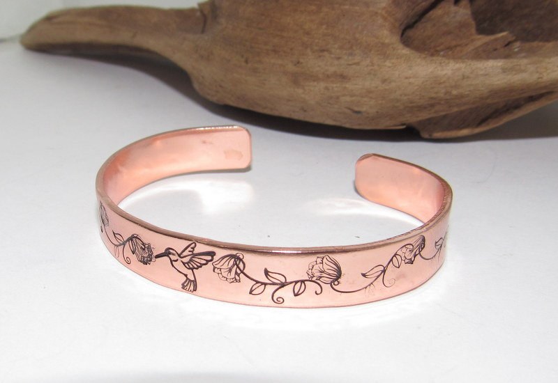 ready to ship copper humming bird bracelet, stamped jewelry, personalized gifts for brides maids, nature flower jewelry, view 3