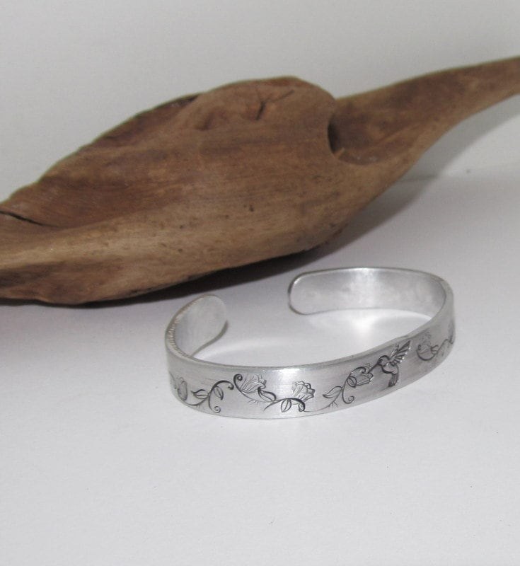 Sterling silver humming bird bracelet, stamped jewelry, personalized jewelry, brides maids gifts, nature flower jewelry, view 2