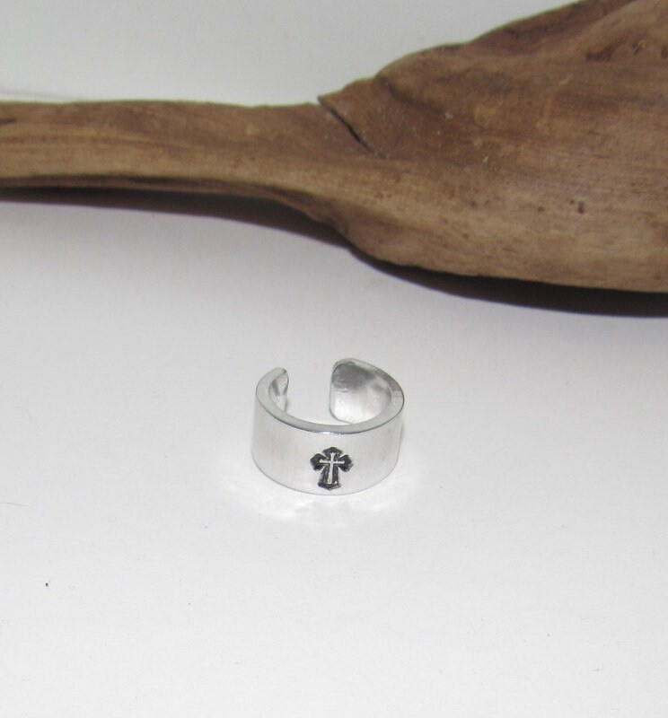 silver aluminum cross ring, rock climber ring, Personalized Adjustable stamped ring, stamped cross jewelry, boho ring, view 3