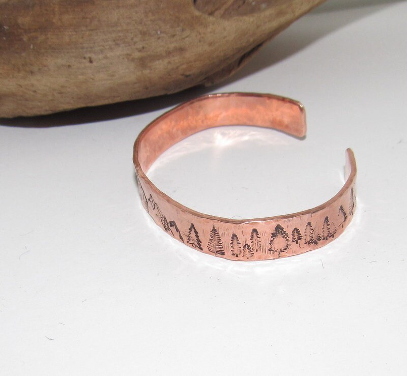 Mountain bracelet with trees, adjustable copper cuff, stamped jewelry, stamped copper bracelet,, view 3