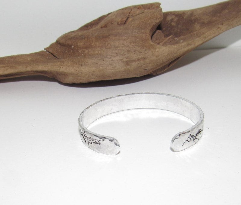 Mountain and tree theme stamped cuff bracelet, mountain lover gift, adjustable silver cuff, stamped jewelry, view 5