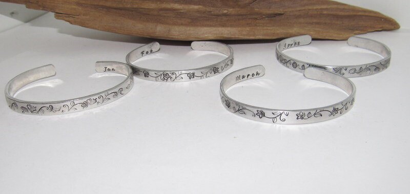 Skinny stacking February Birth flower bracelet, birthday gift girl, stamped personalized jewelry, brides maids gifts, nature flower jewelry, view 4