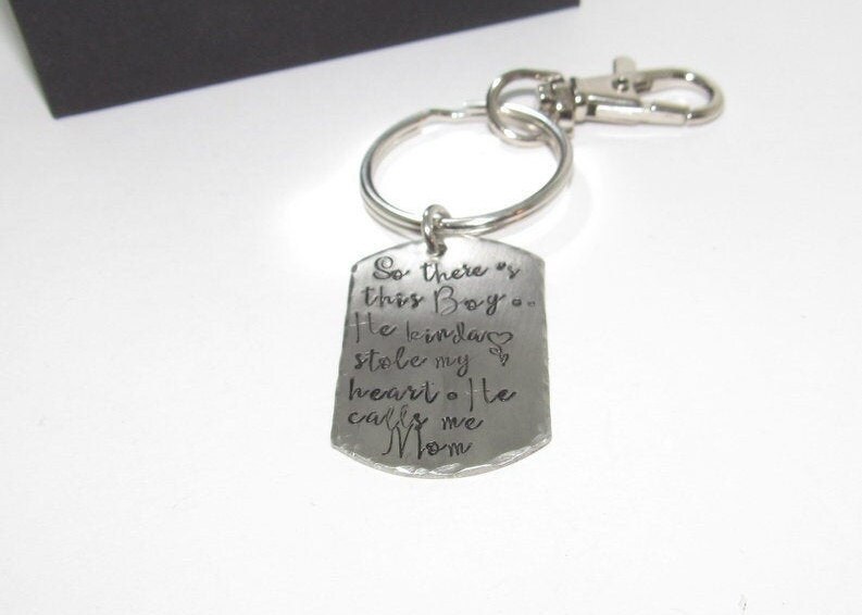 Pewter So there's this boy that stole my heart they call me mom, Key ring with kids names, custom personalized hand stamped jewelry, view 7
