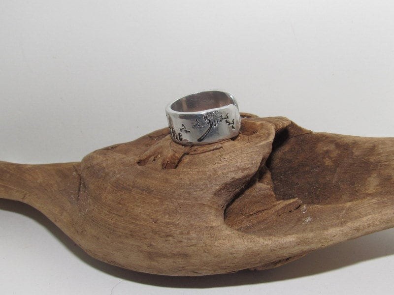 Sterling silver Dandelion breath adjustable stamped ring, inspiration rings, adjustable silver ring, stamped jewelry, Personalized boho ring, view 8