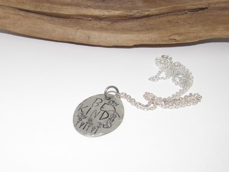 Pewter Be Kind necklace,reminder necklace, personalized jewelry for mom, Mothers custom hand stamped jewelry, view 5