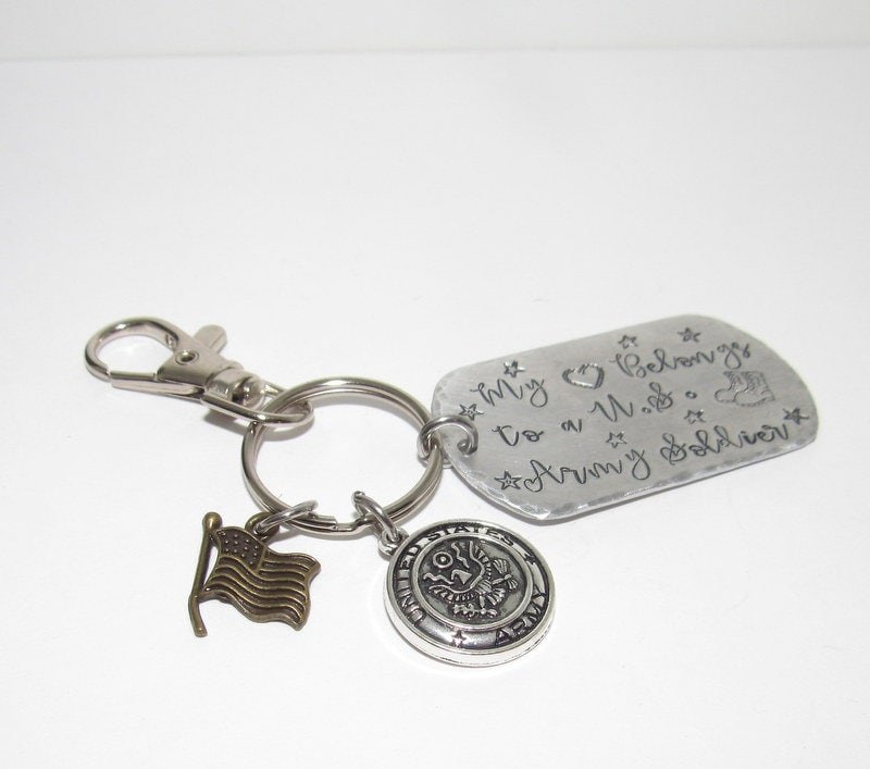 My hearts belongs to a soldier keychain, Military wife gift, Army wife gift, Marine wife gift, custom stamped keychain, view 5