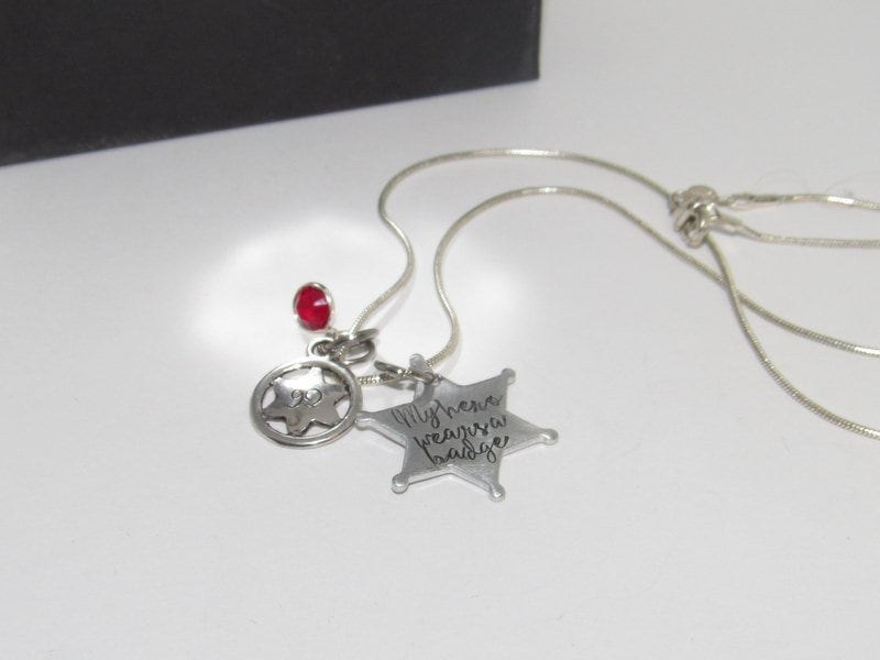 My Hero wears a badge, Deputy wife necklace, gift for law enforcement wife, wife of a deputy gift, blue line support jewelry, view 2