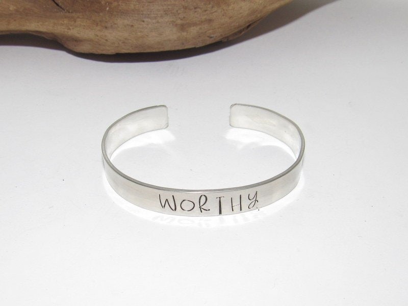 Worthy affirmation cuff bracelet, pewter jewelry, bridesmaid gifts, best friend gift, personalized bracelet for her, handstamped jewelry