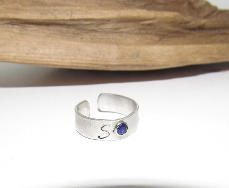 silver aluminum birth stone ring, adjustable birthstone ring, personalized birth month ring. Custom Stamped Name Ring, view 3