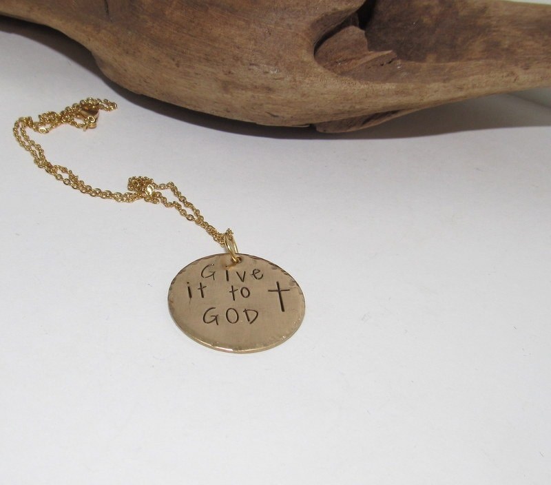 Personalized Give it to God necklace , Gold confirmation gift, baptism gift for her , custom stamped religious jewelry for best friend gift, view 2