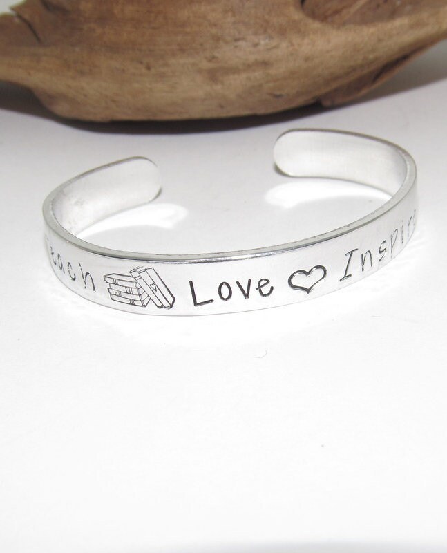 Teachers cuff bracelet , teach love and inspire bracelet, gift for teacher, hand stamped jewelry, personalized bracelet, view 5