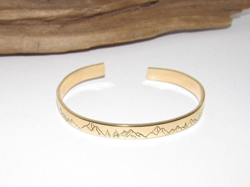 Skinny gold stacking Mountain cuff, tree cuff bracelet, mountain lover gift, adjustable silver cuff, stamped jewelry, stamped cuff bracelet, view 2