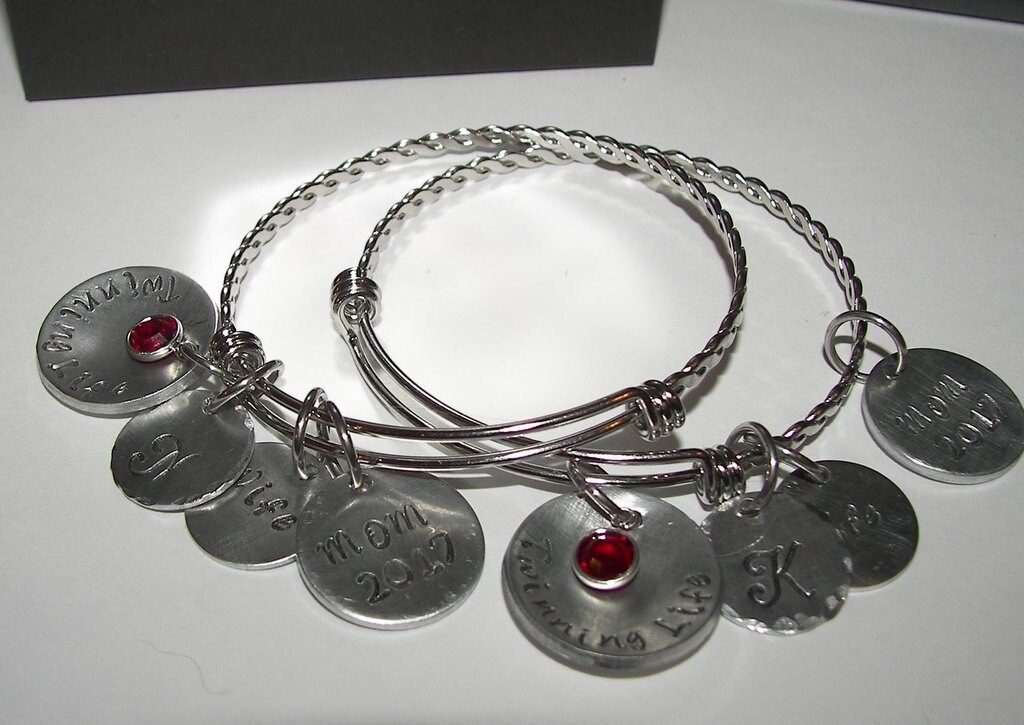 adjustable bangle charm bracelet with kids names and birth stones, personalized jewerly bangle, custom hand stamped jewelry, view 6