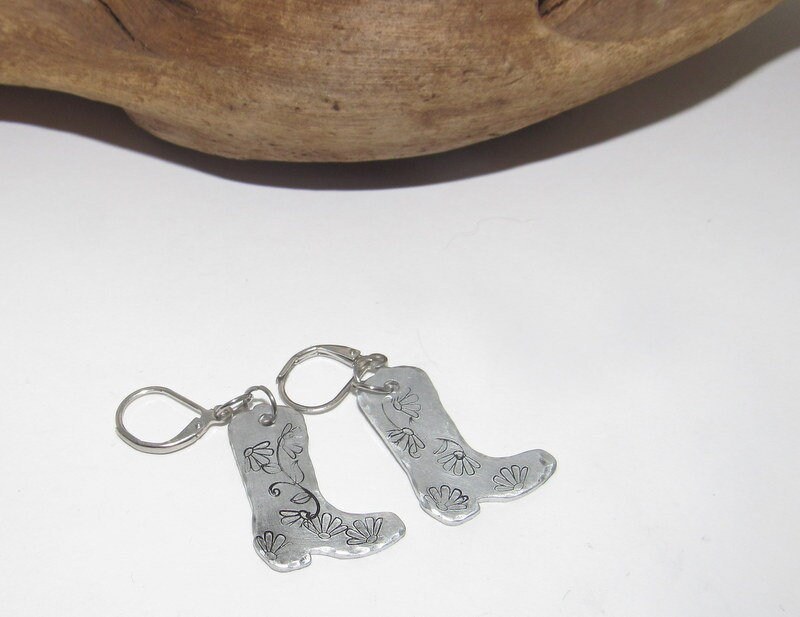 cow boy boots dangle earrings , cow girl custom western theme earrings, personalized western jewelry , cow girl accessories, view 2