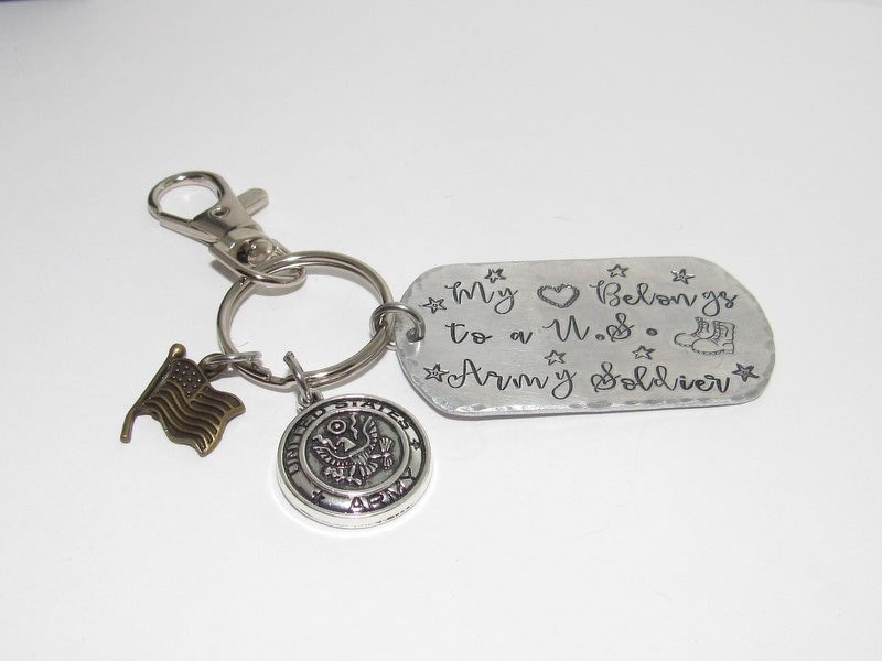 My hearts belongs to a soldier keychain, Military wife gift, Army wife gift, Marine wife gift, custom stamped keychain, view 6