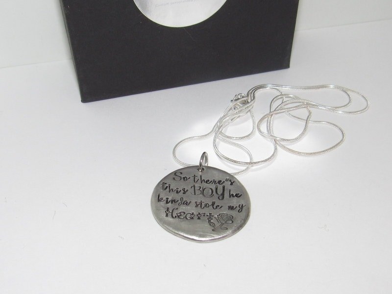 SoThere's This Boy Who Stole My Heart, pewter mom necklace with kids names, Personalized custom hand stamped jewelry gift for grandma, view 3