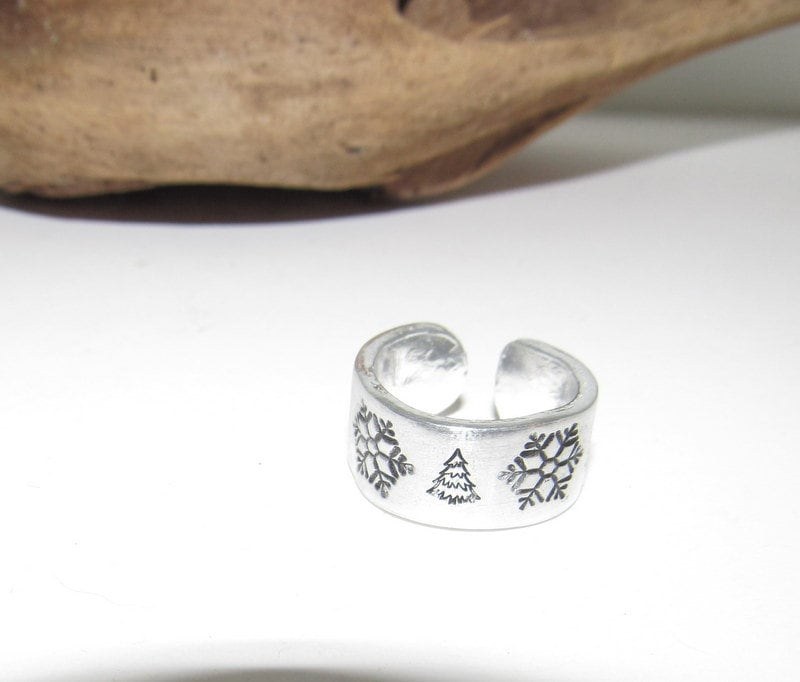 Christmas snow flake ring and bracelet set, adjustable ring, tree adjustable cuff, stamped jewelry, stocking stuffer bracelet, view 8