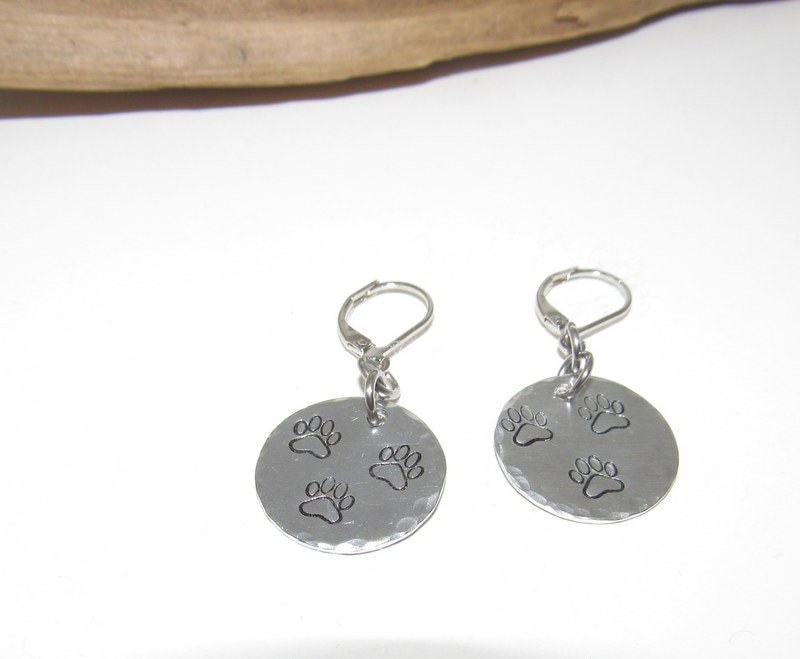 Custom personalized paw print earrings, dangle drop Dog mom earrings, pet lover gifts for her, puppy mom gifts, custom hand stamped jewelry, view 4