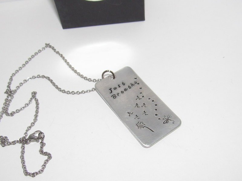 Just breathe gift, dandelion necklace, dragonfly necklace, personalized jewelry Mothers custom hand stamped jewelry, Custom saying necklace