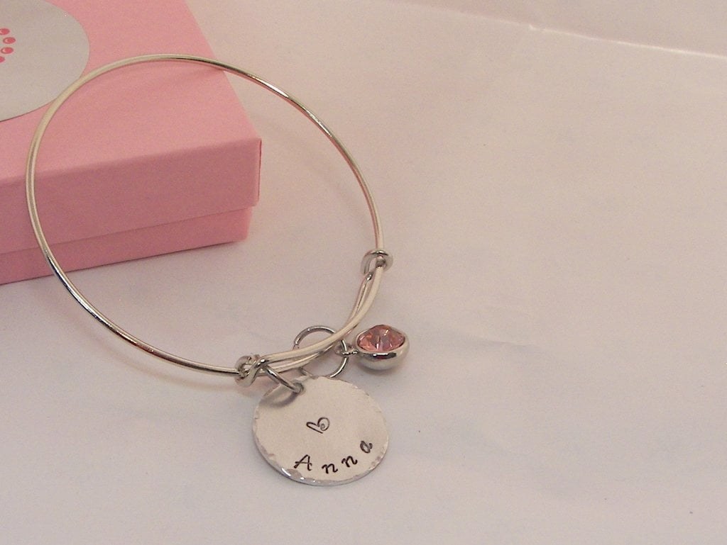 adjustable bangle charm bracelet with kids names and birthstones, personalized hand stamped jewelry bangle, custom handstamped jewelry, view 4