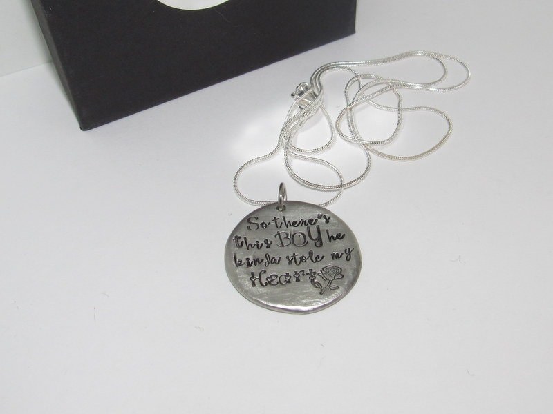 SoThere's This Boy Who Stole My Heart, pewter mom necklace with kids names, Personalized custom hand stamped jewelry gift for grandma, view 5