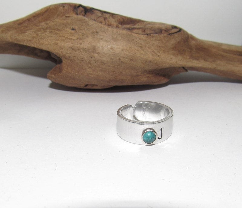 Adjustable initial ring with faux turquoise stone, aluminum initial ring, hand stamped ring, western ring, personalized gift, view 3