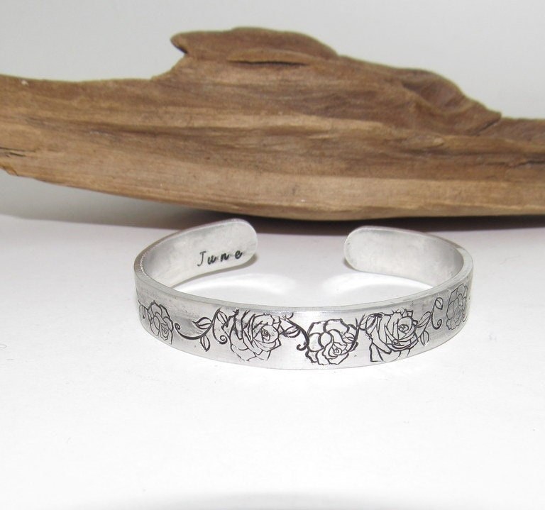 Sterling silver June Birth flower bracelet, stamped jewelry, personalized jewelry, brides maids gifts, nature flower jewelry, view 2