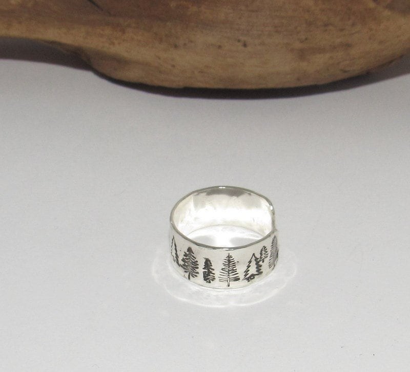 Sterling silver Trees Inspirational Ring, Nature Inspirational Ring, Personalized Hand Stamped Ring, Forest Hand Stamped Ring, view 2